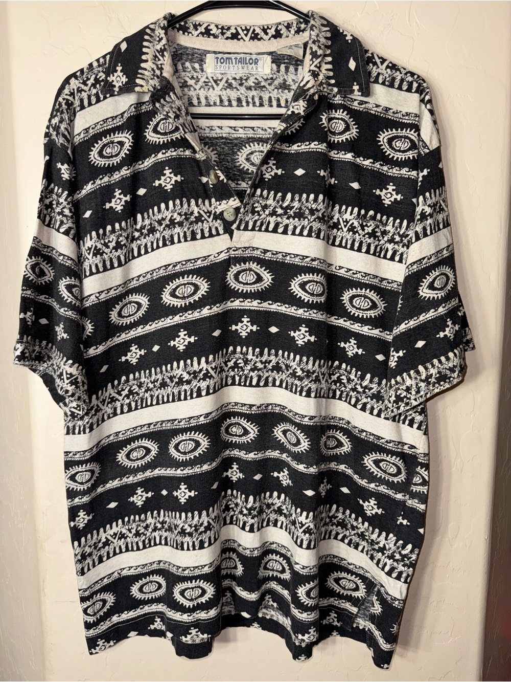 Tom Tailor Sportswear Black White Linen Blend Tribal Print Polo Shirt XL Vintage